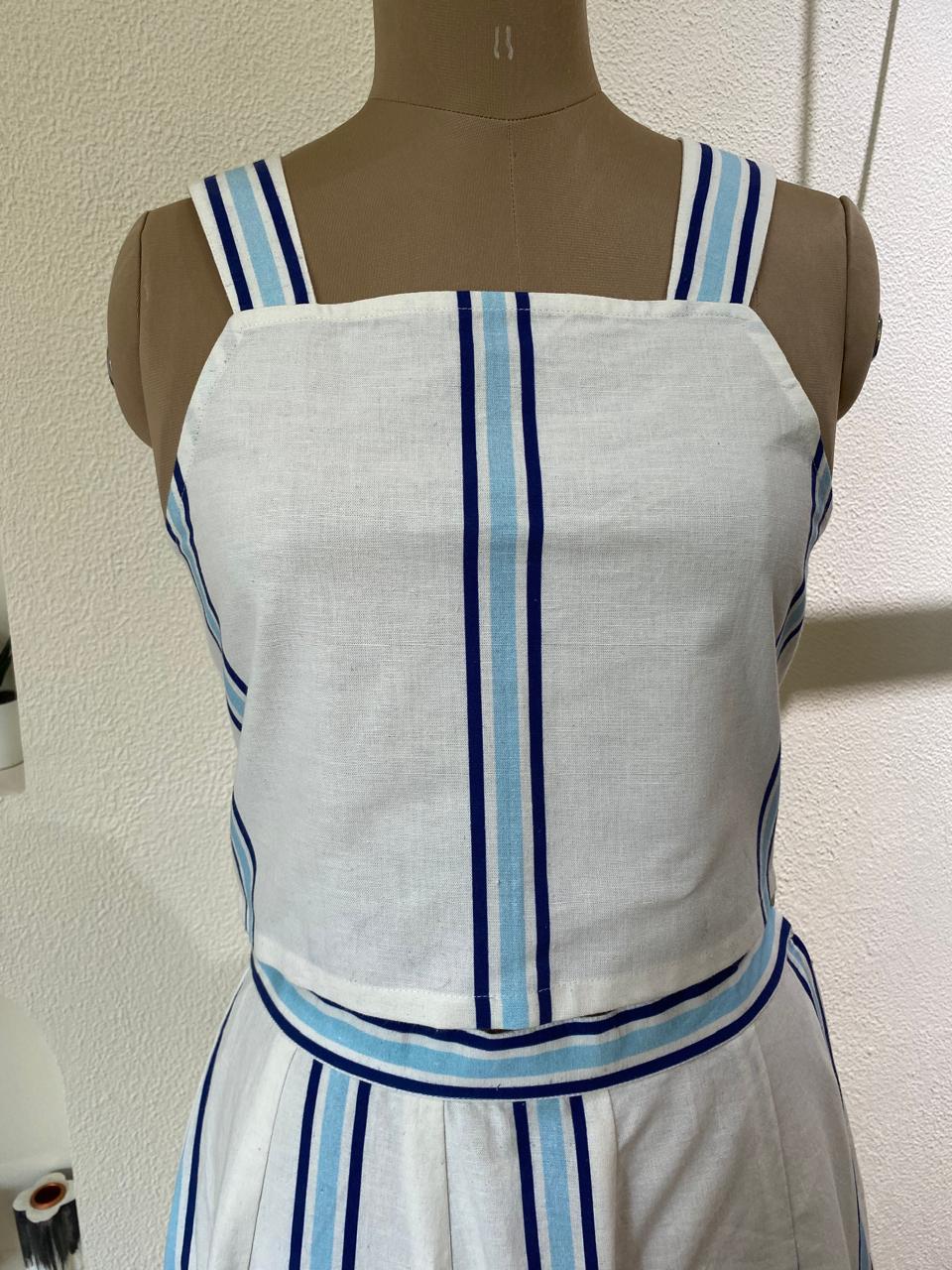 Ivory & Blue Striped Crop Top & Skirt Set