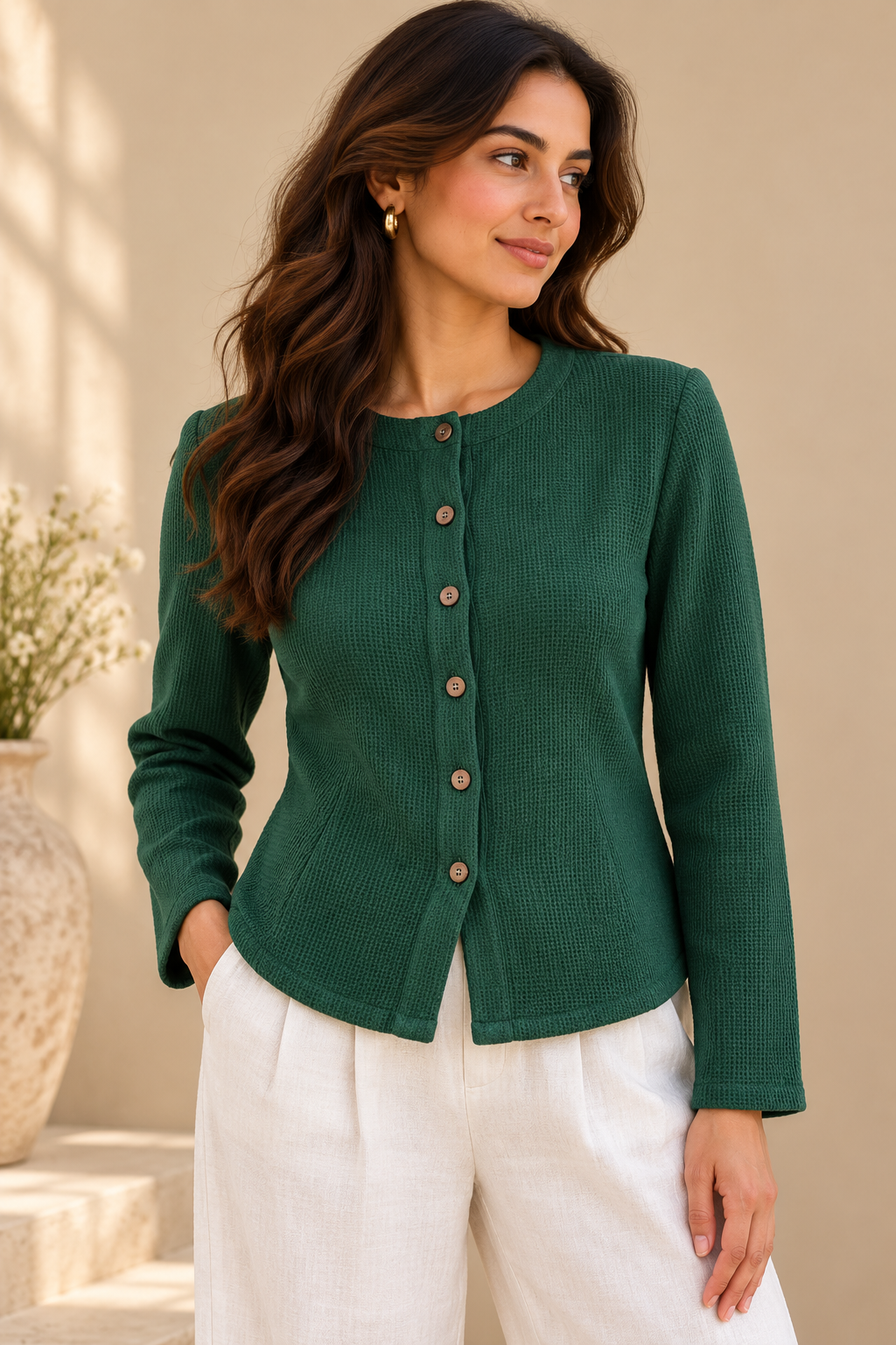 Green Textured Button-Down Jacket