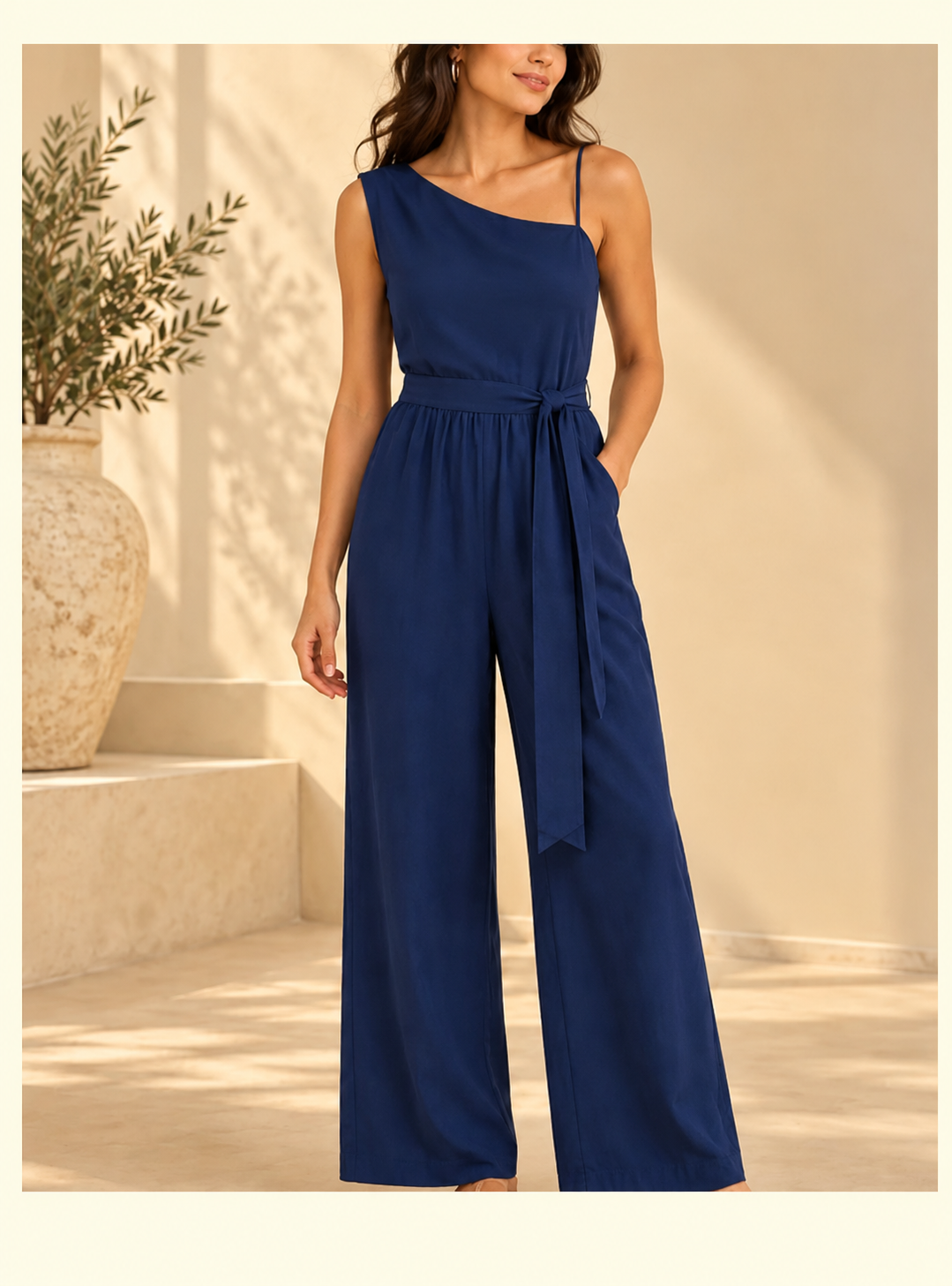 Blue one-shoulder jumpsuit