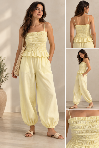 Yellow Smocked Peplum Top & Jogger Set