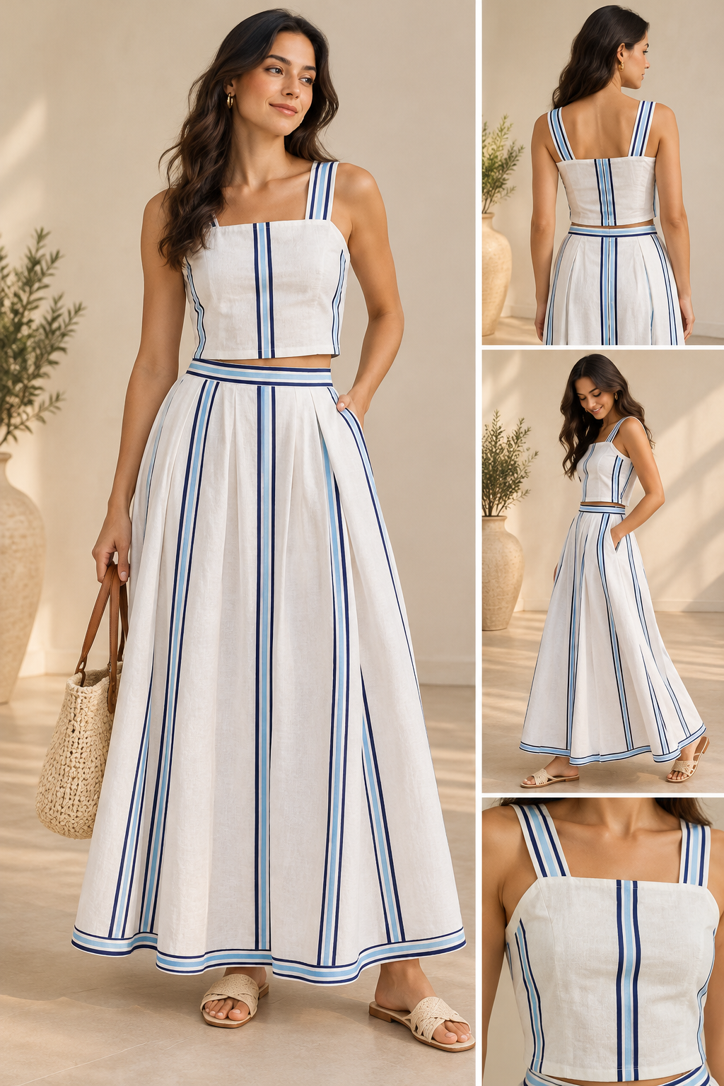Ivory & Blue Striped Crop Top & Skirt Set