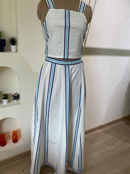 Ivory & Blue Striped Crop Top & Skirt Set
